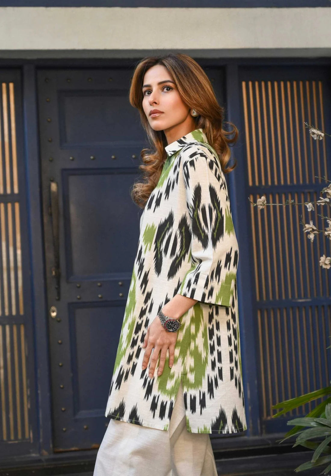 Ikat-Inspired Green & White Printed Co-Ord Set