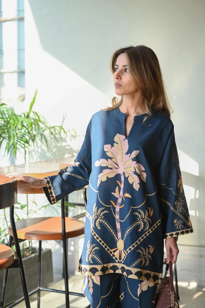 Midnight Blue Palm Print Kurti – Luxe Comfort, Island Vibe