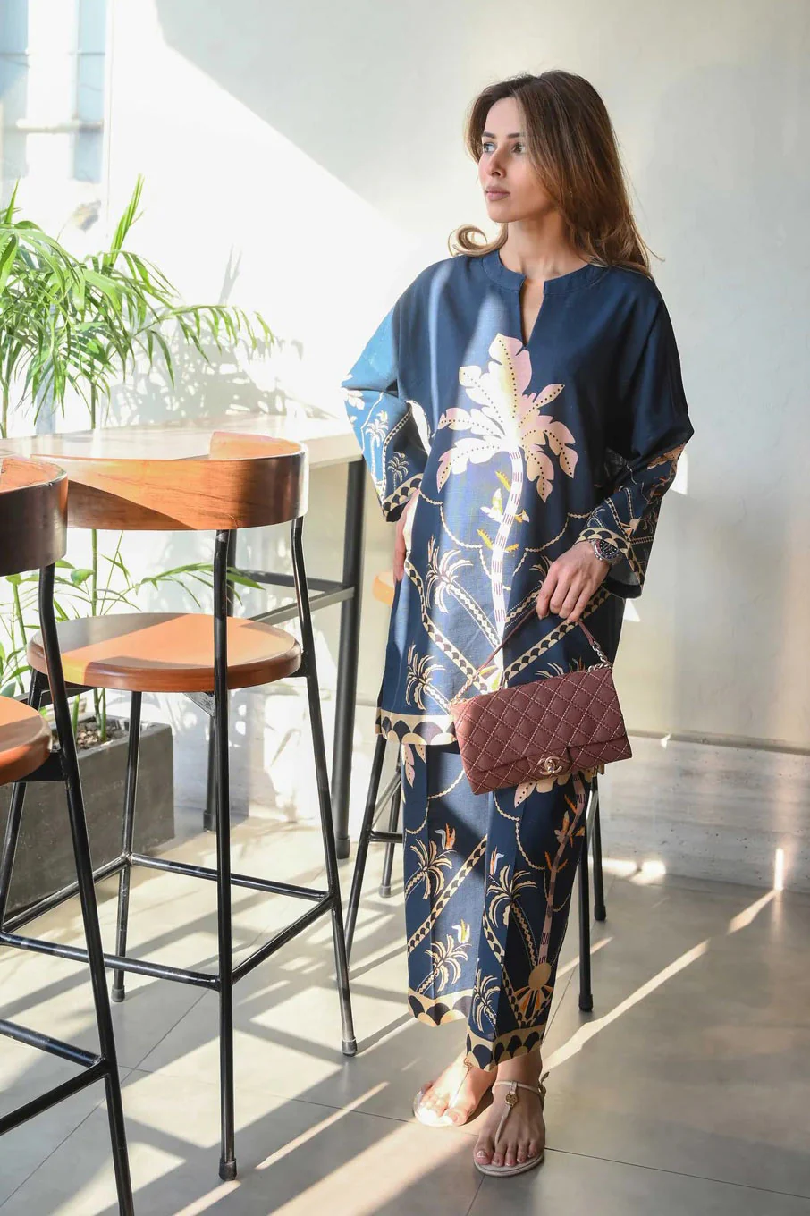 Midnight Blue Palm Print Kurti – Luxe Comfort, Island Vibe
