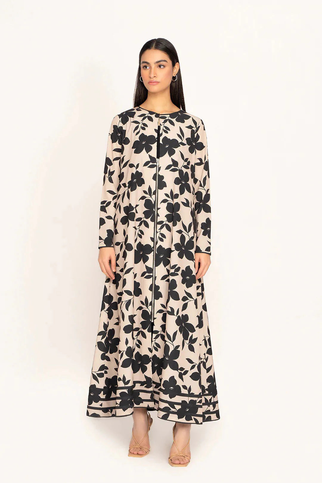 Black Floral Elegance | Zip-Front A-Line Maxi Dress