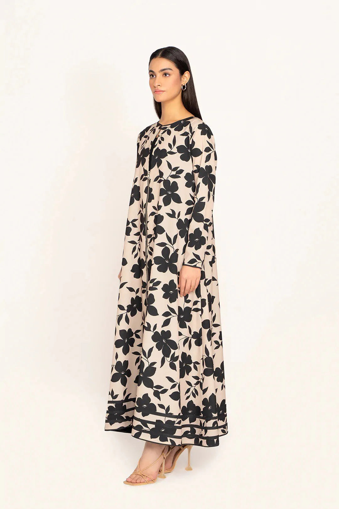Black Floral Elegance | Zip-Front A-Line Maxi Dress