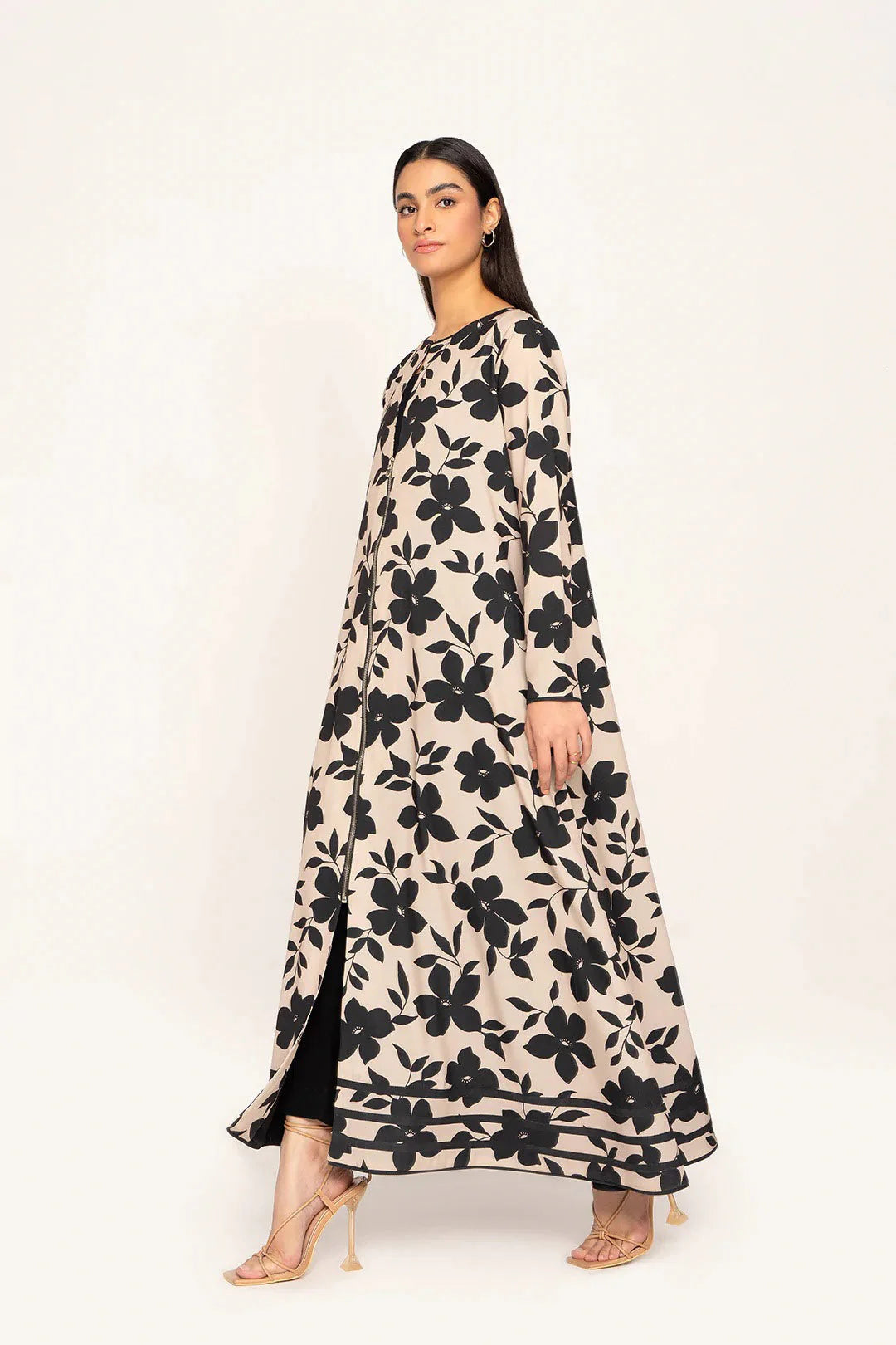 Black Floral Elegance | Zip-Front A-Line Maxi Dress