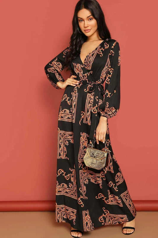 Bohemian Elegance | Black Paisley Maxi Kaftan Dress