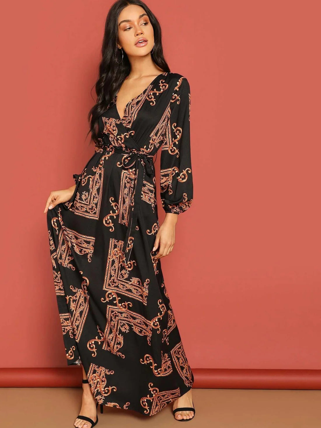Bohemian Elegance | Black Paisley Maxi Kaftan Dress