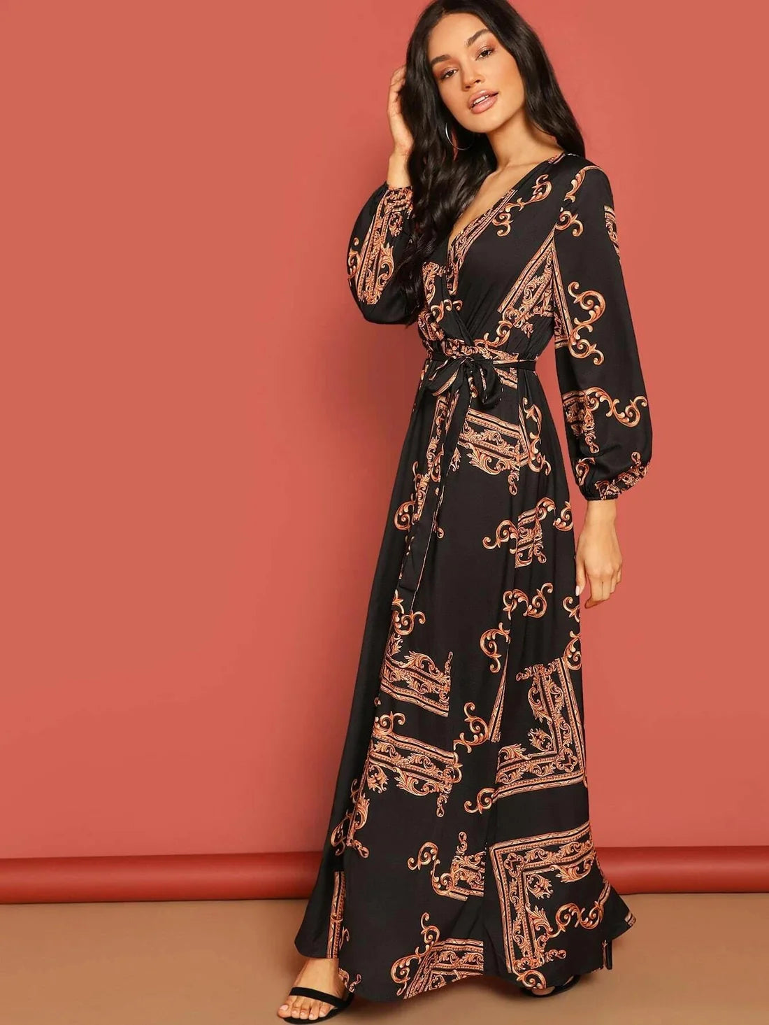 Bohemian Elegance | Black Paisley Maxi Kaftan Dress