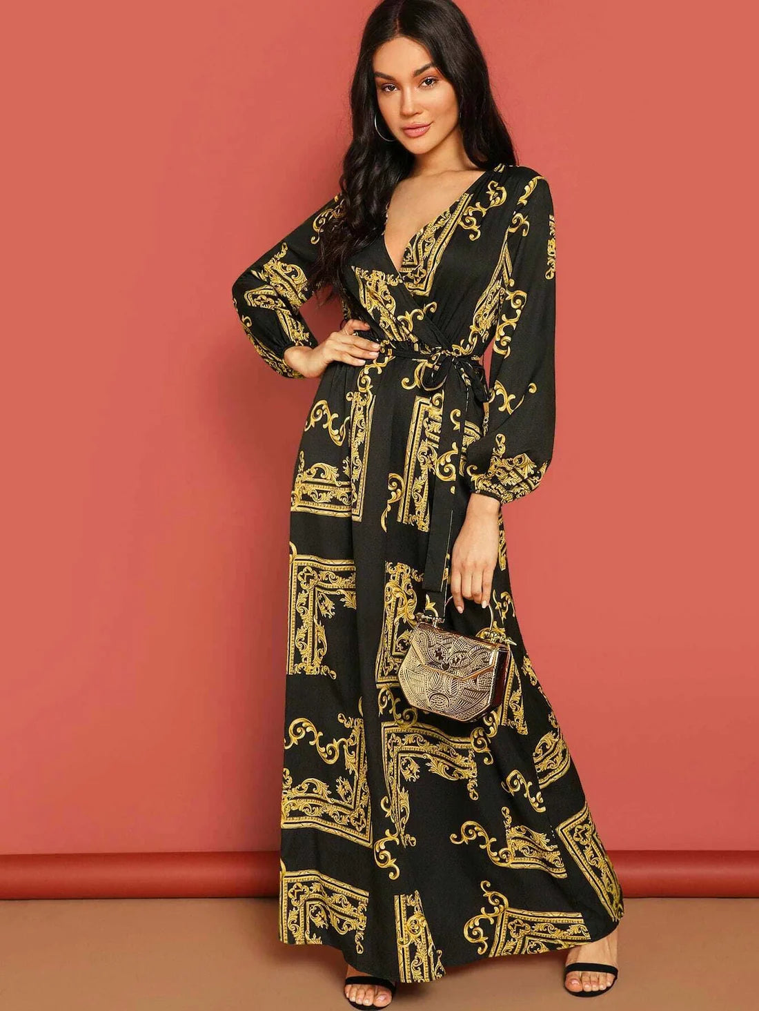Bohemian Elegance | Black Paisley Maxi Kaftan Dress