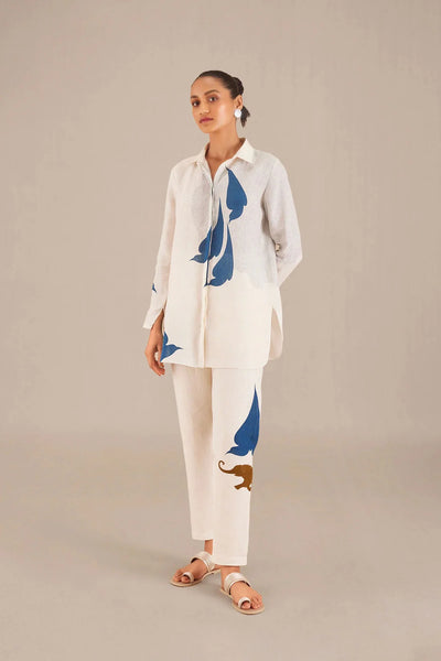 Women's White Co-ord Set with Blue Leaf & Elephant Motif