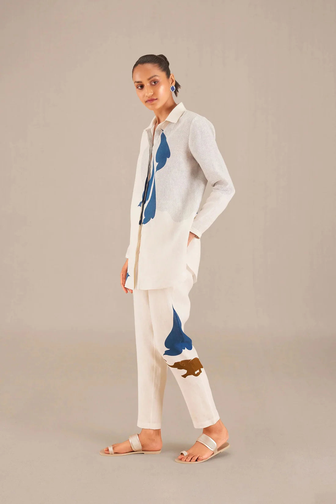 Women's White Co-ord Set with Blue Leaf & Elephant Motif