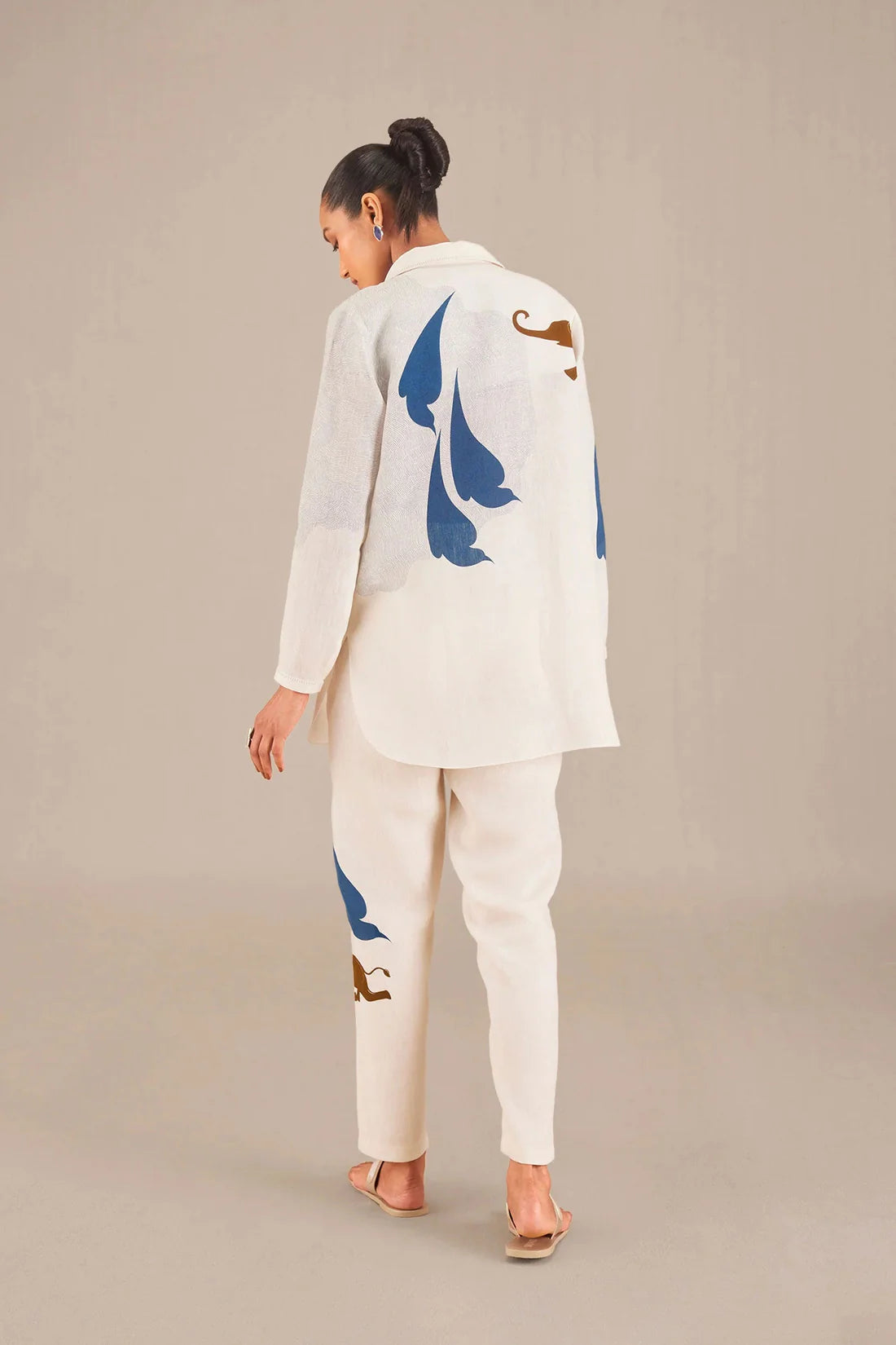Women's White Co-ord Set with Blue Leaf & Elephant Motif
