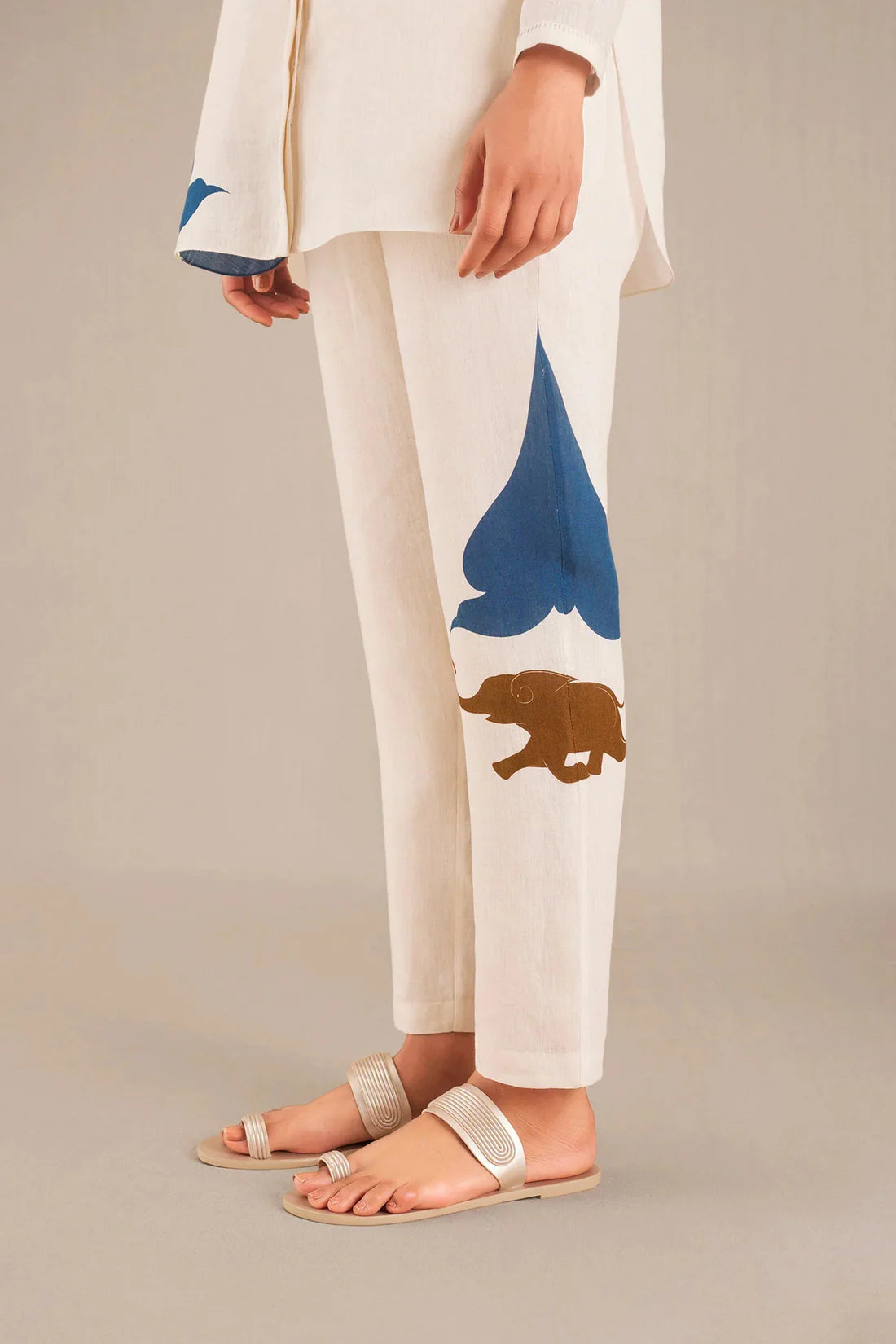 Women's White Co-ord Set with Blue Leaf & Elephant Motif