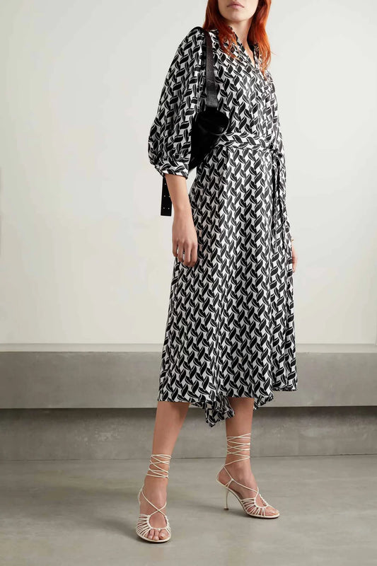 Monochrome Charm | Geometric Wrap Midi Dress