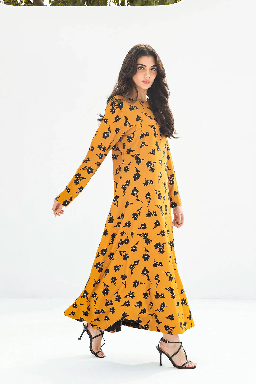 Mustard Blossom | Floral Print Longline Kurti Dress