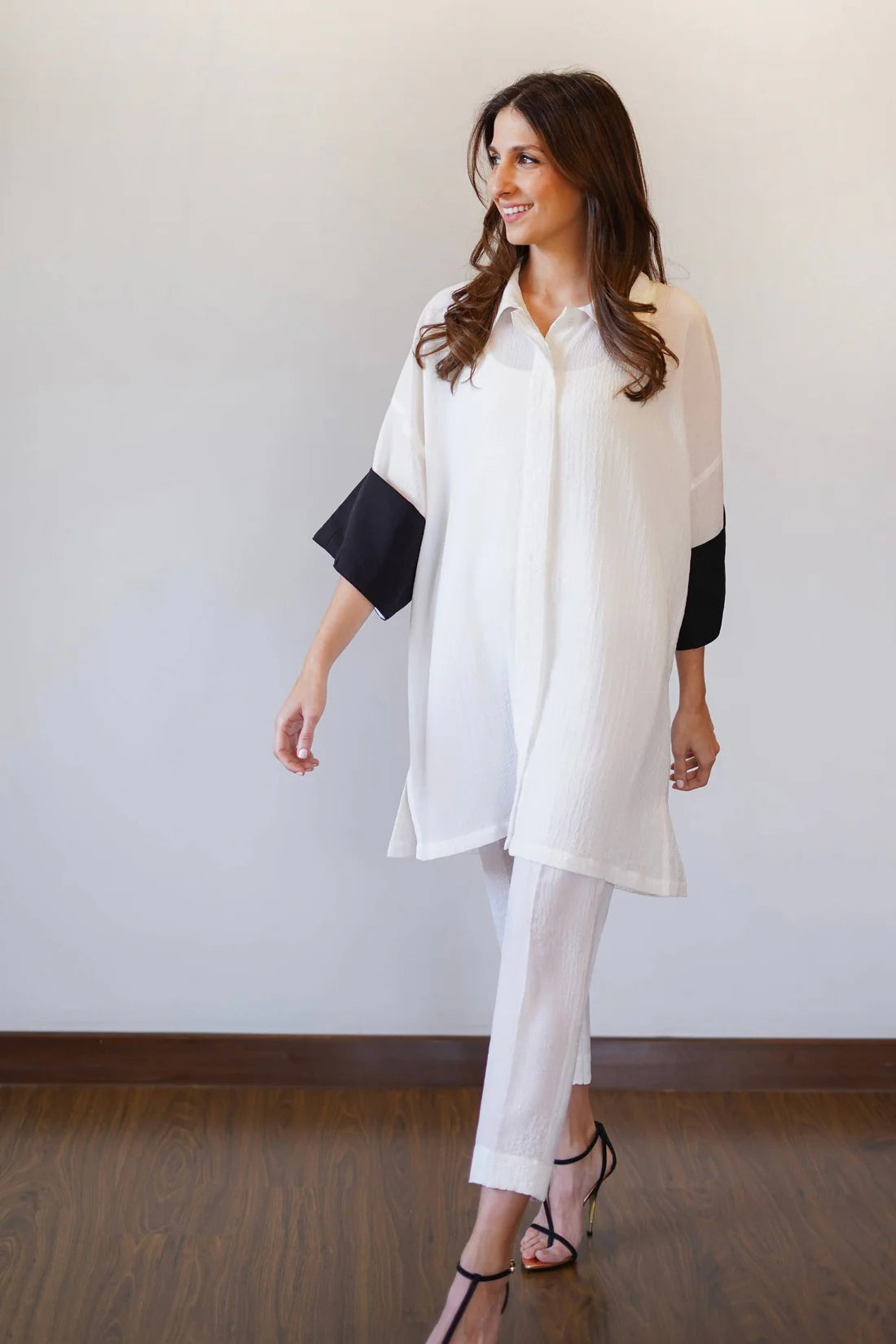 White Co-ord Set with Statement Black Sleeves